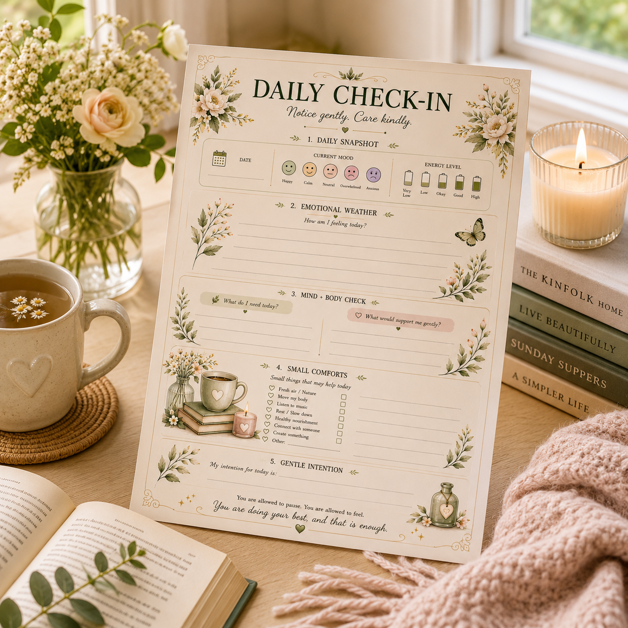 Daily Check-In — Elegant Printable Daily Wellness & Emotional Check-In Page