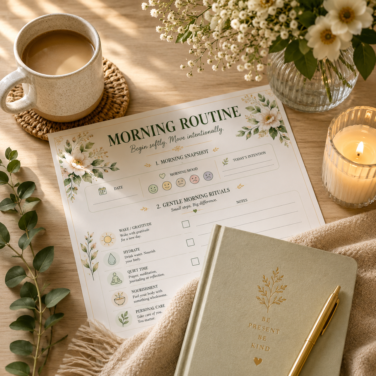 Morning Routine — Elegant Printable Gentle Morning Routine & Intention Page