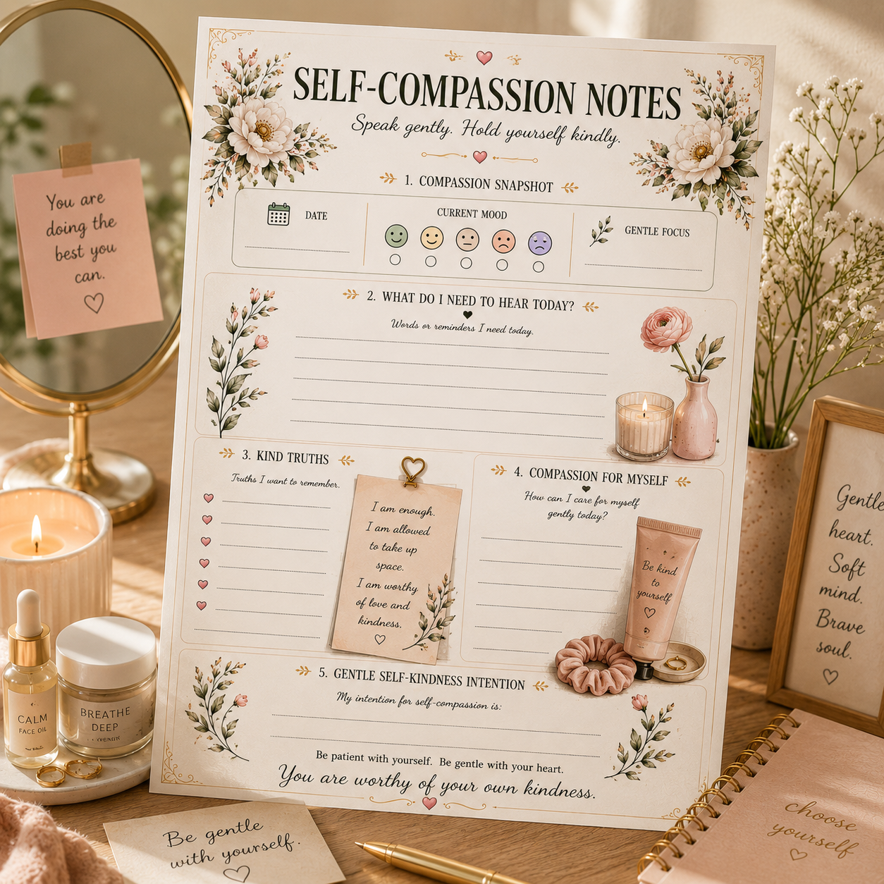 Self-Compassion Notes — Elegant Printable Self-Compassion & Self-Kindness Page