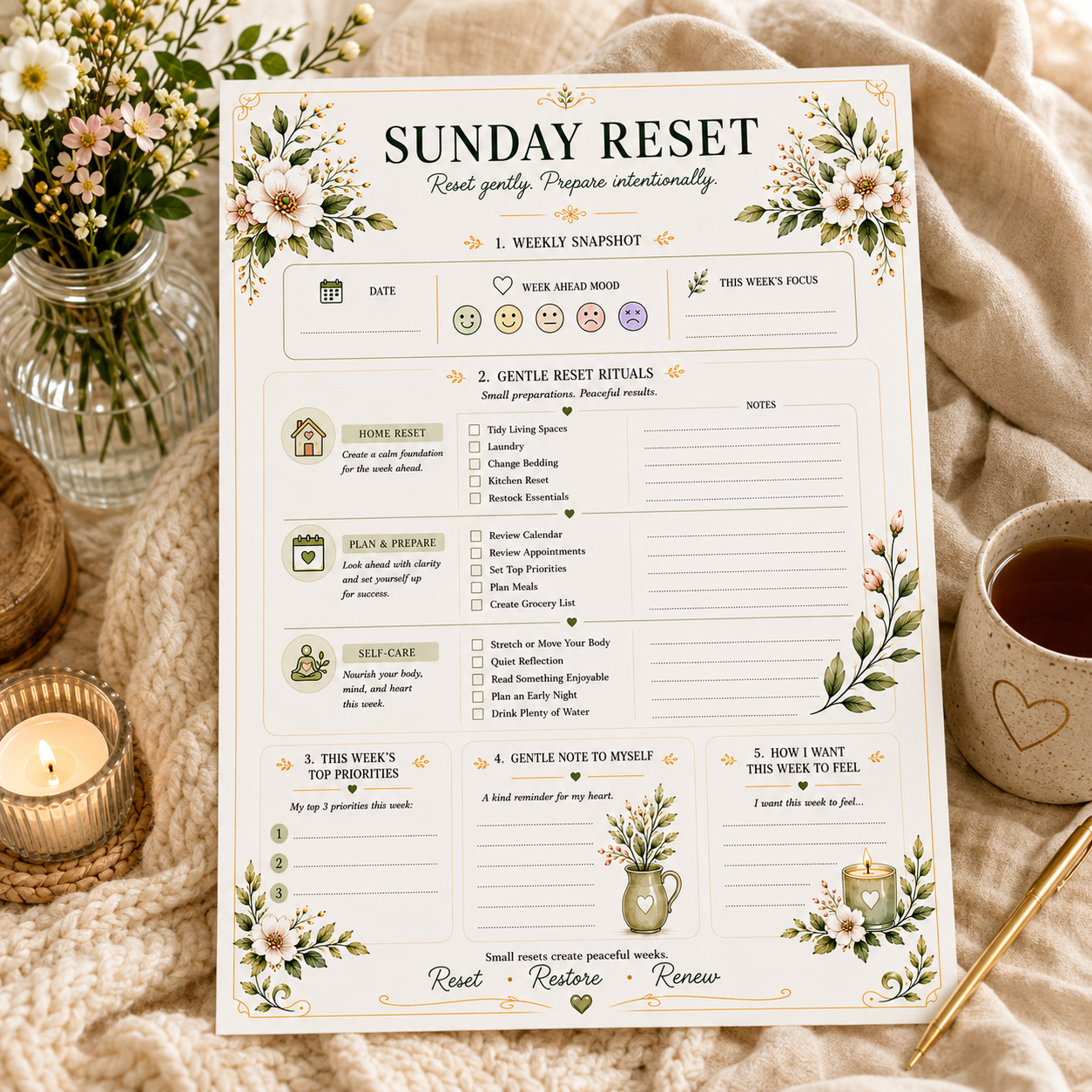 Sunday Reset — Elegant Printable Weekly Reset & Preparation Page