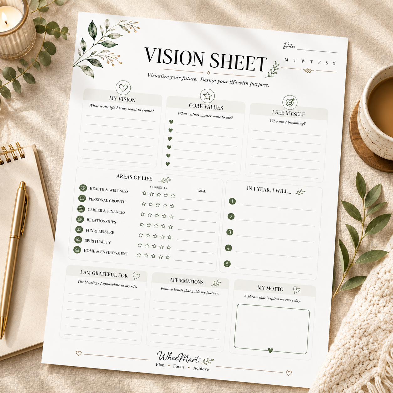 Vision Sheet — Elegant Printable Life Vision & Goal Planning Page