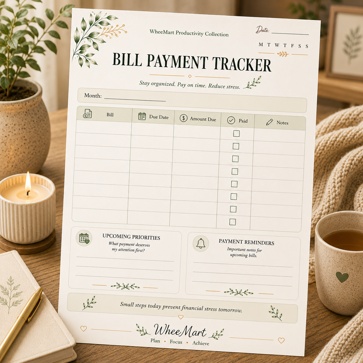 Bill Payment Tracker — Elegant Printable Monthly Bill Tracking Page