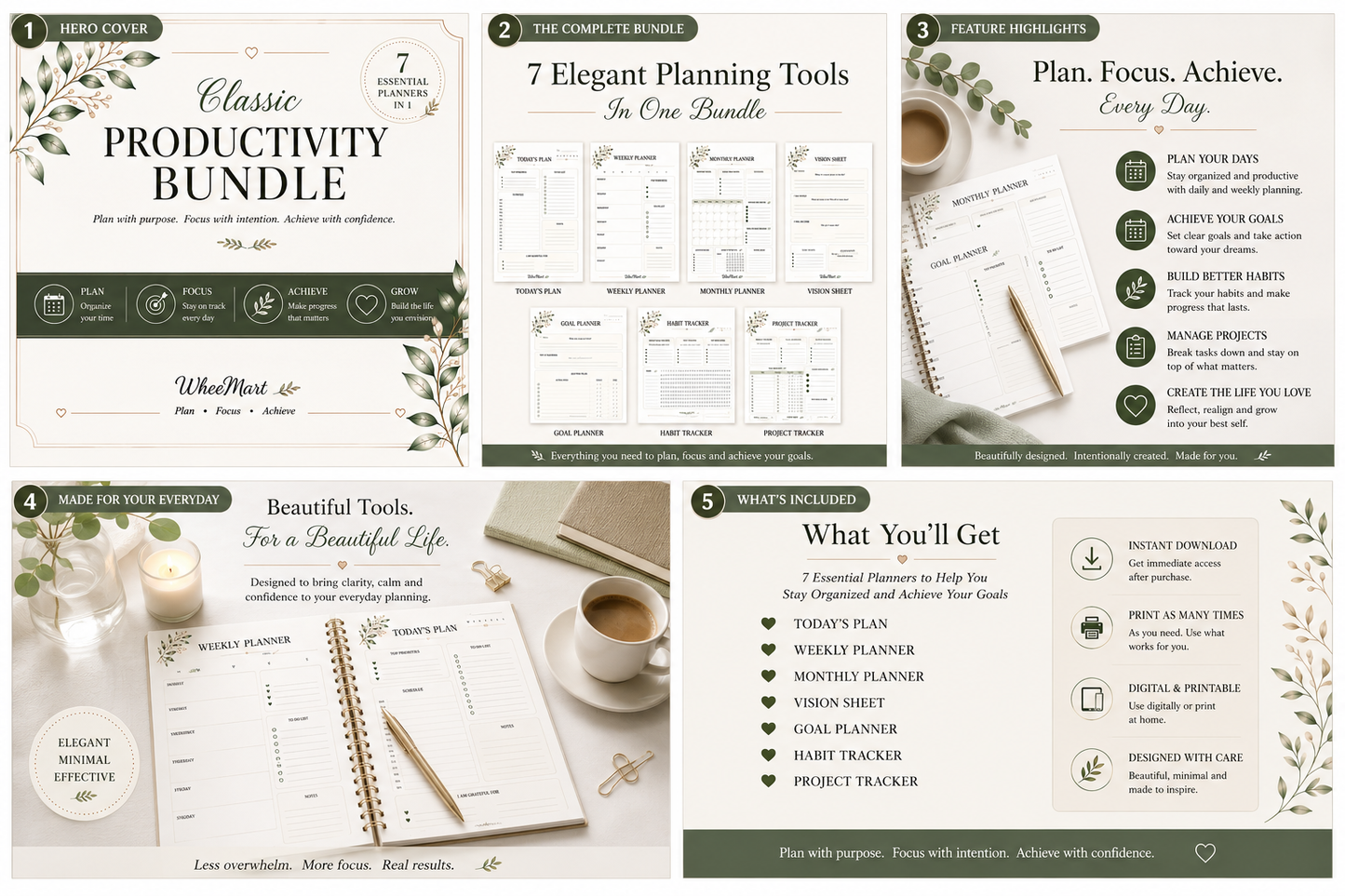 WheeMart Classic Productivity Bundle | 7 Elegant Printable Planners