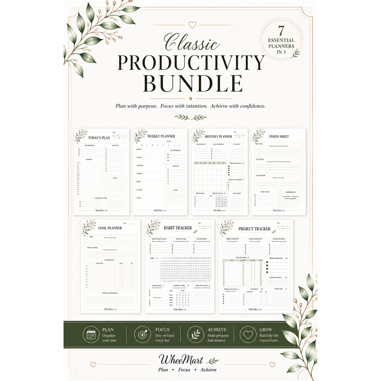 WheeMart Classic Productivity Bundle | 7 Elegant Printable Planners