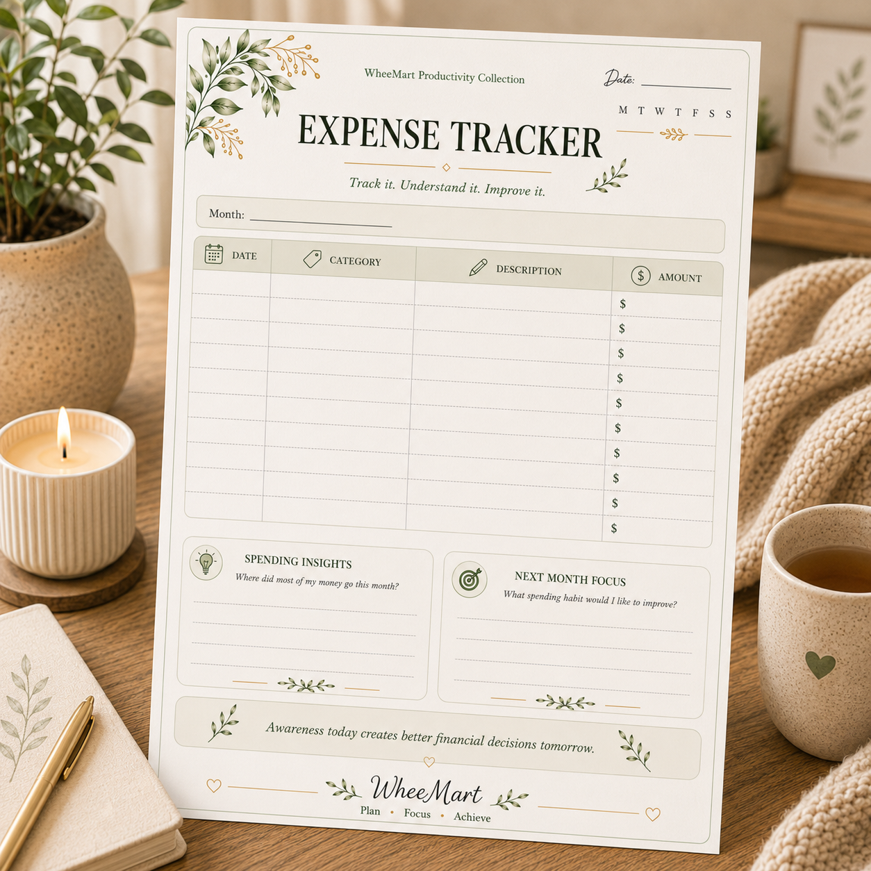 Expense Tracker — Elegant Printable Monthly Expense Tracking Page