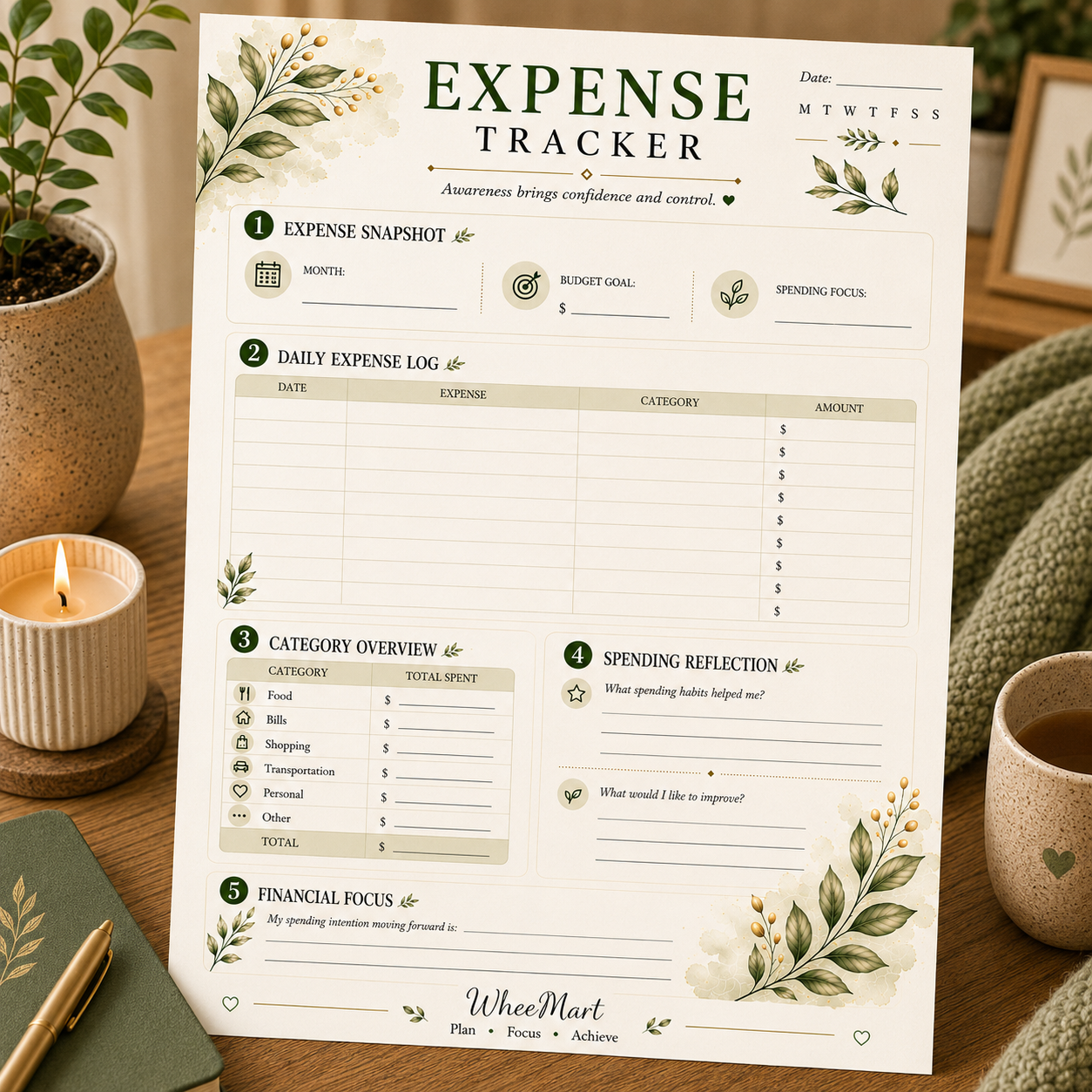 Expense Tracker — Elegant Printable Monthly Spending & Reflection Page