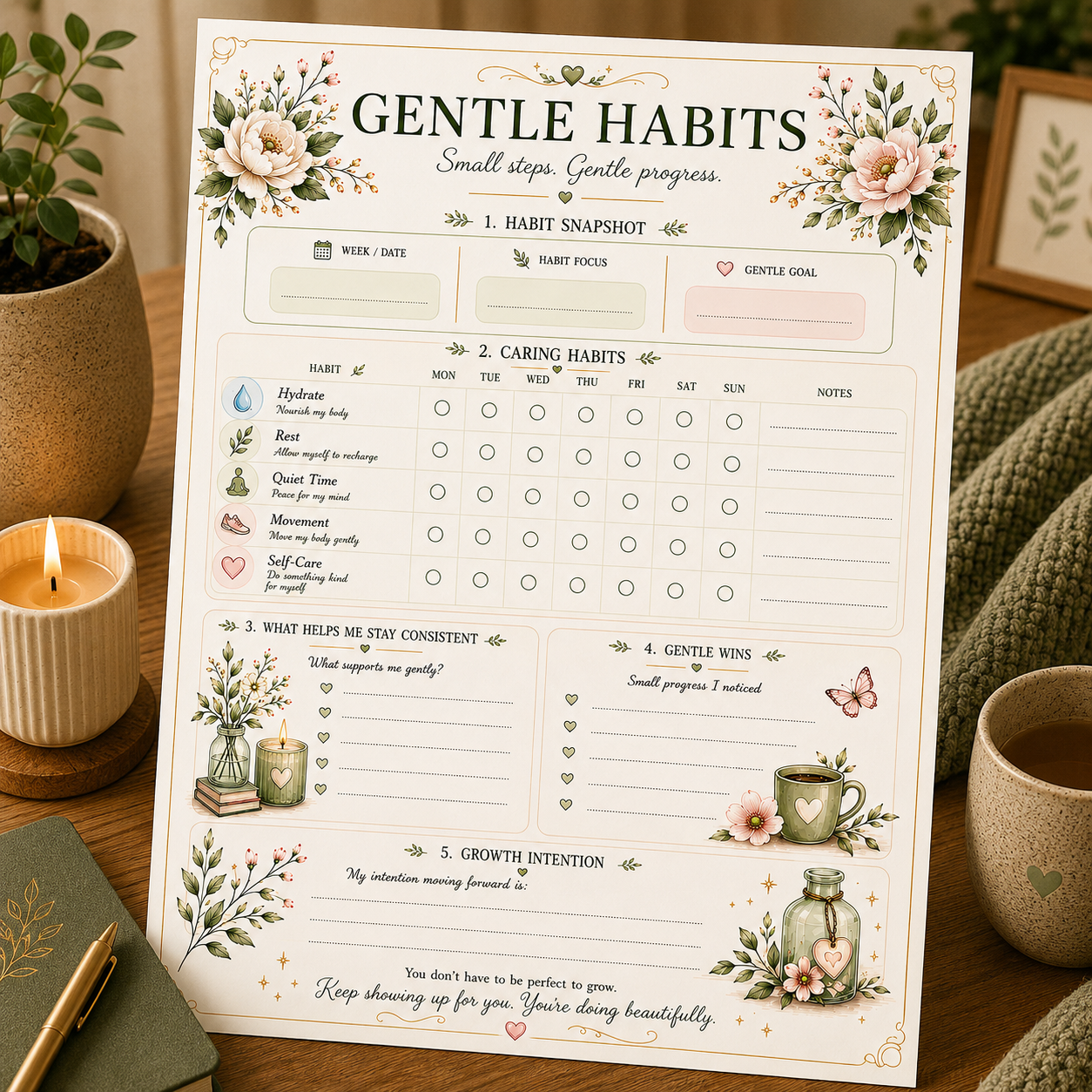 Gentle Habits — Elegant Printable Weekly Wellness Habit Tracker Page