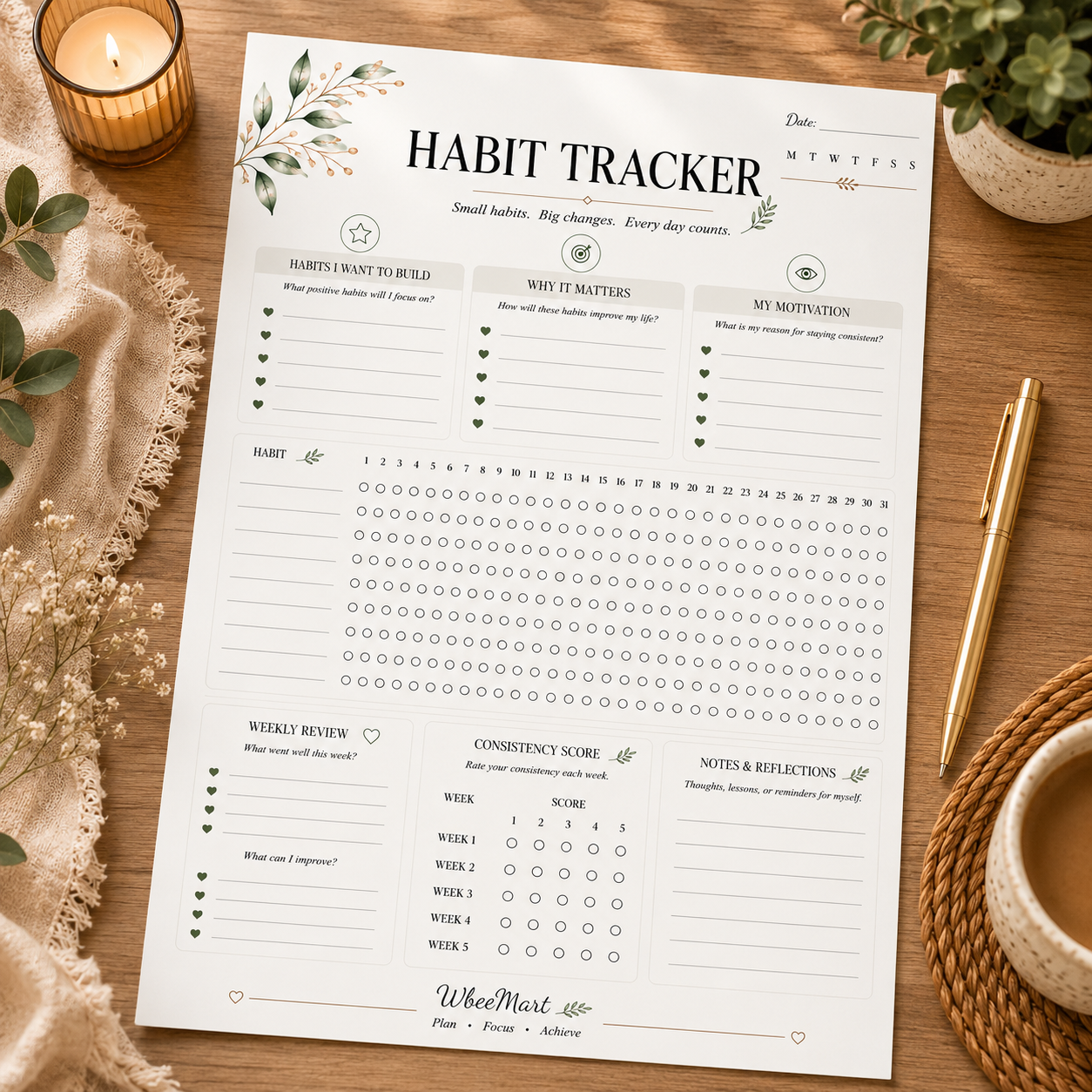 Habit Tracker — Elegant Printable Monthly Habit Tracking Page