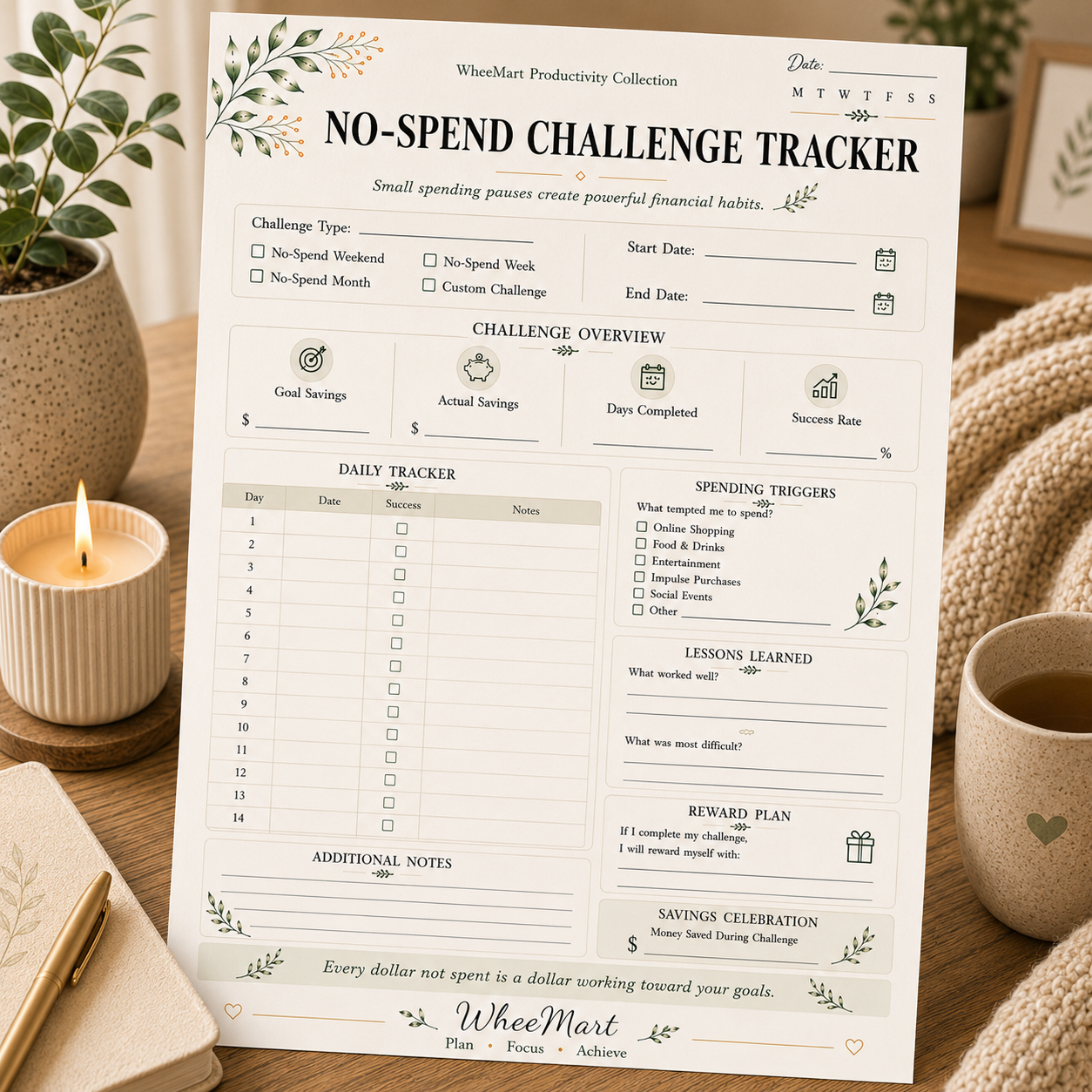 No-Spend Challenge Tracker — Elegant Printable Challenge & Savings Tracker
