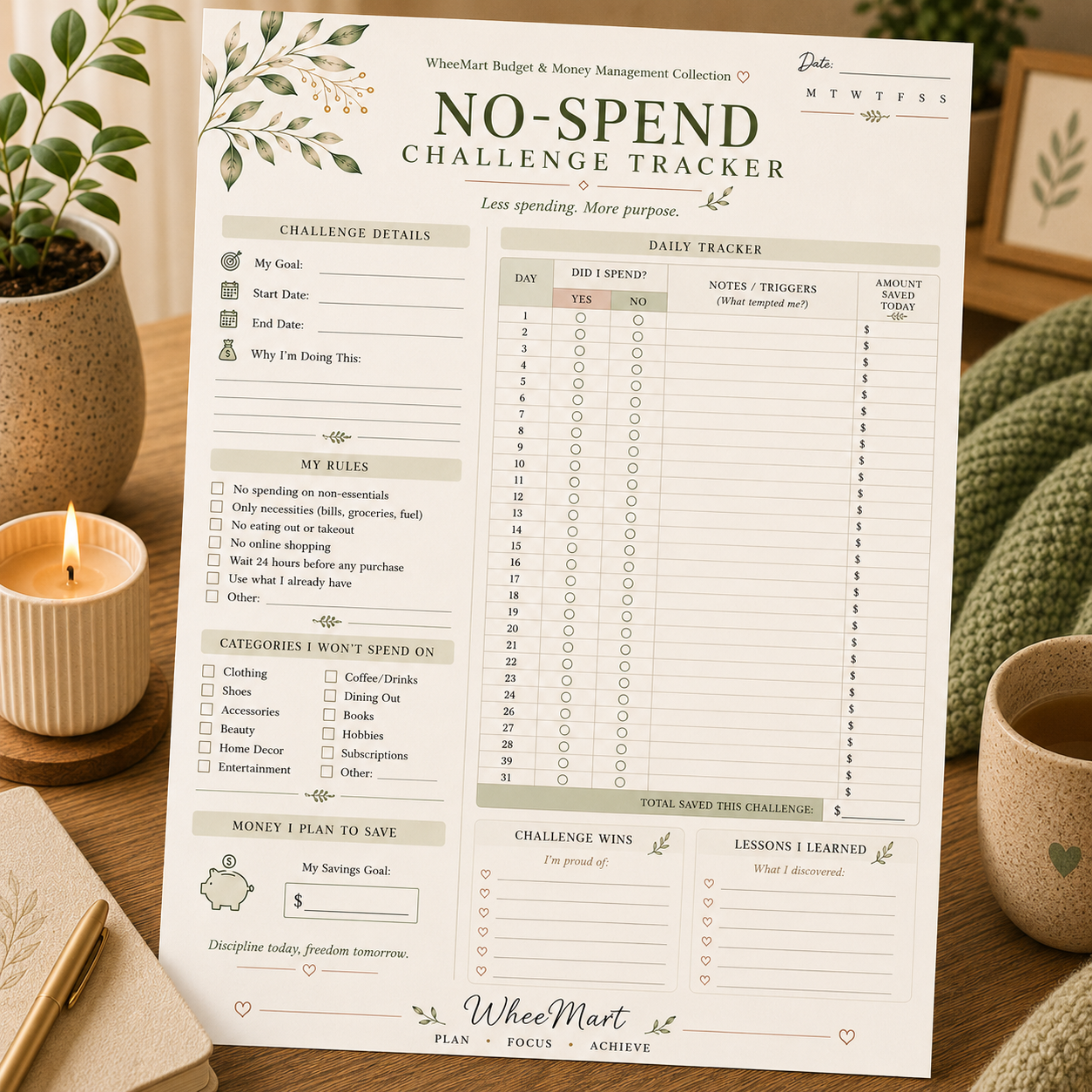 No-Spend Challenge Tracker — Elegant Printable 31-Day No-Spend Challenge Page