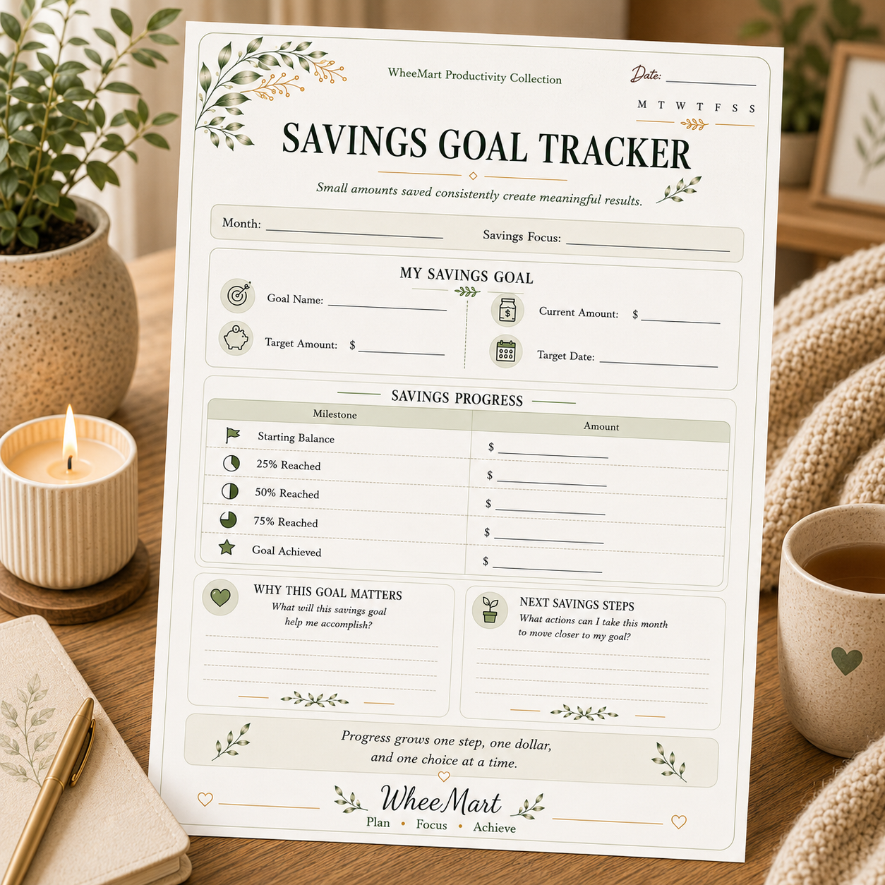 Savings Goal Tracker — Elegant Printable Savings Milestone Tracking Page