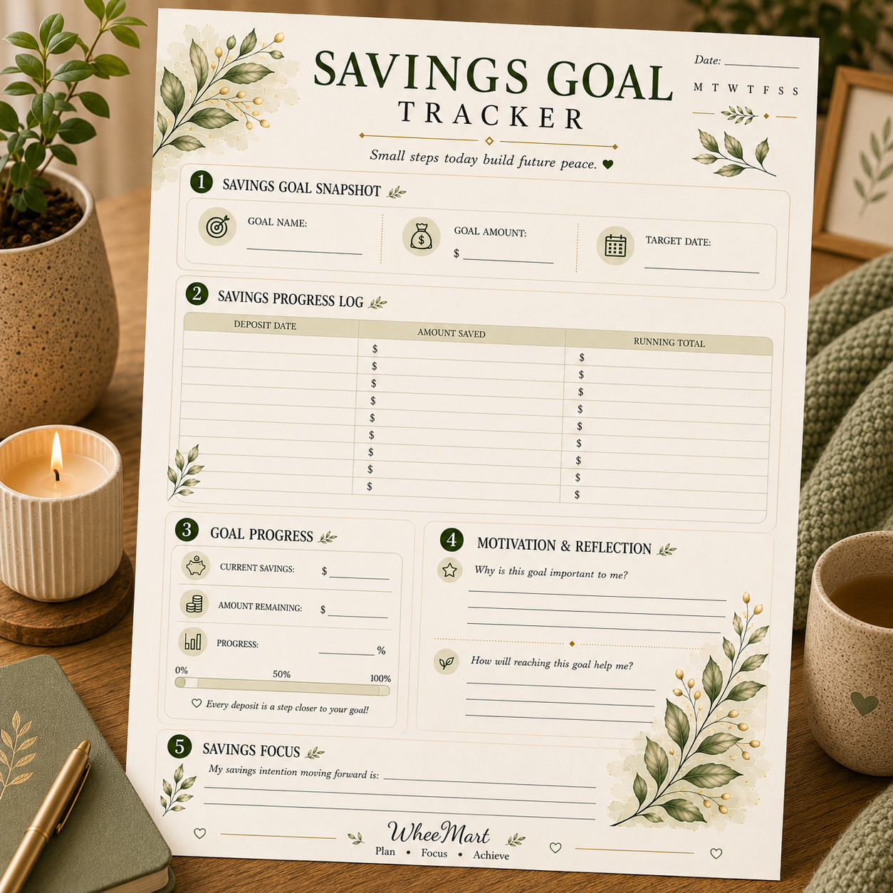Savings Goal Tracker — Elegant Printable Savings Progress & Deposit Log Page