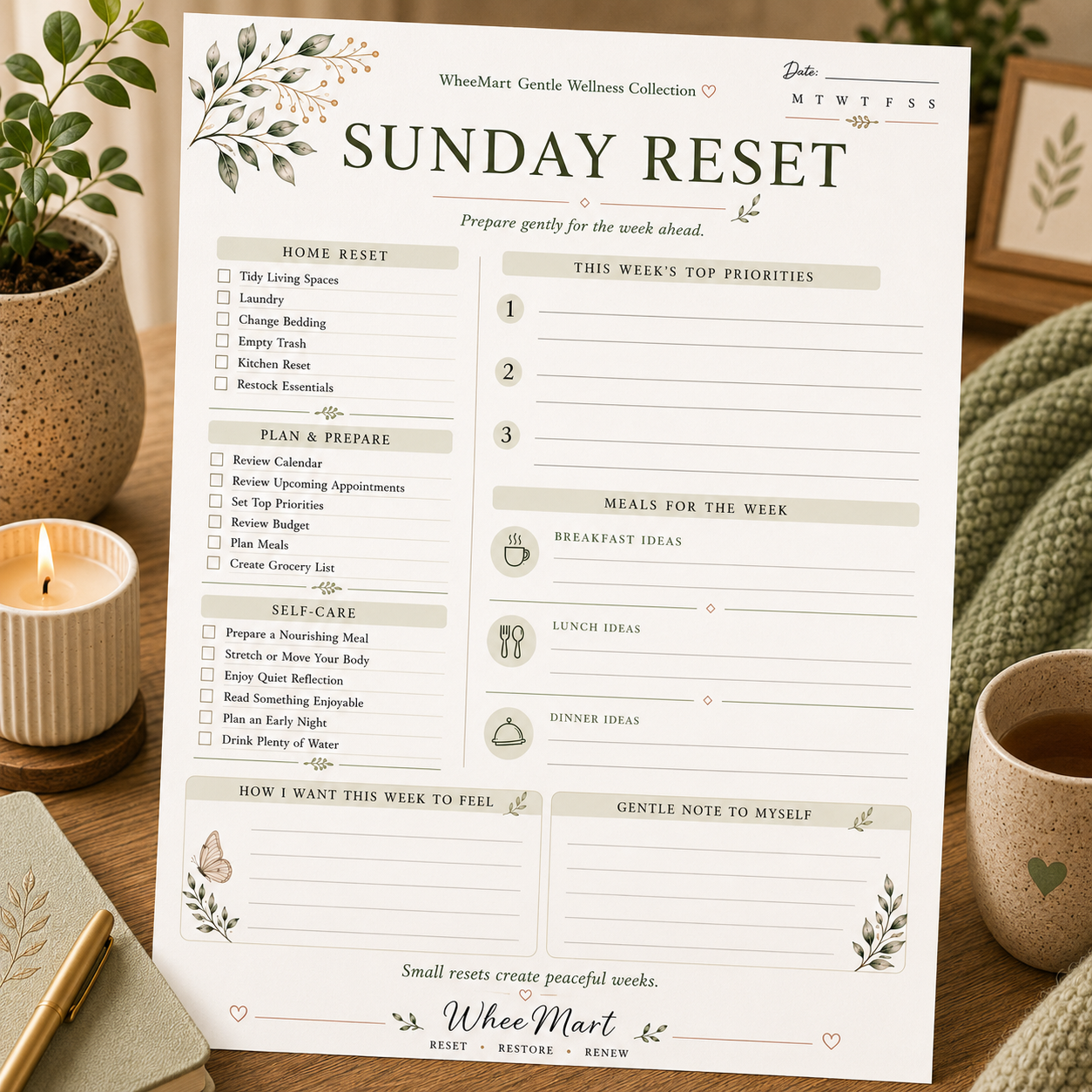Sunday Reset — Elegant Printable Weekly Reset Checklist & Meal Planning Page